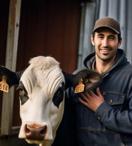 a man standing next to a cow featuring Thousand Hills Grass Fed Beef