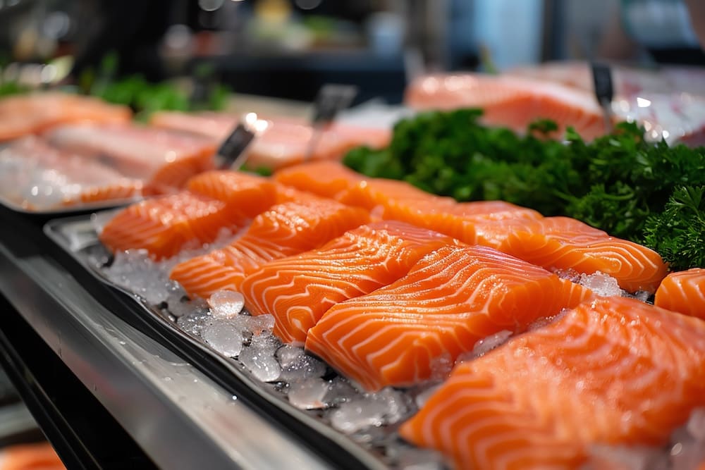 Fresh salmon fillets displayed on ice at the Sunset seafood department