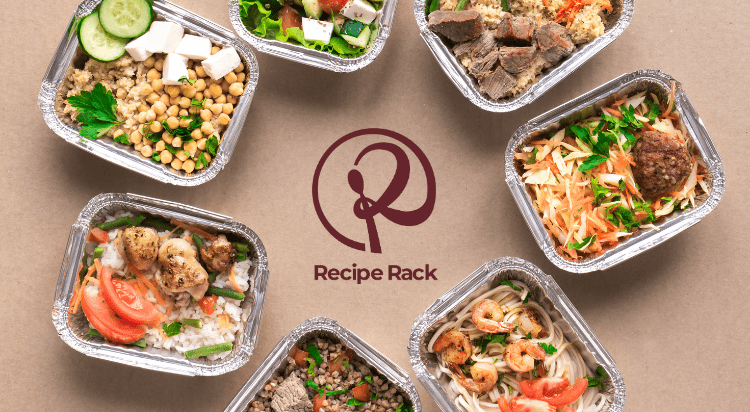 Assorted meal prep boxes with healthy food options, branded by "Recipe Rack," at Sunset Recipe Rack