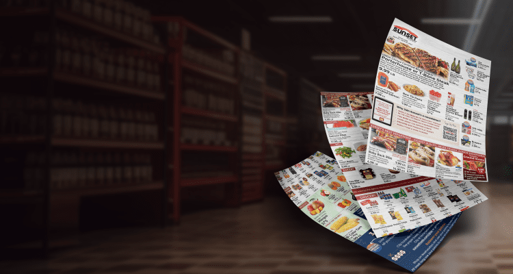 empty supermarket shelves with scattered grocery flyers in the foreground