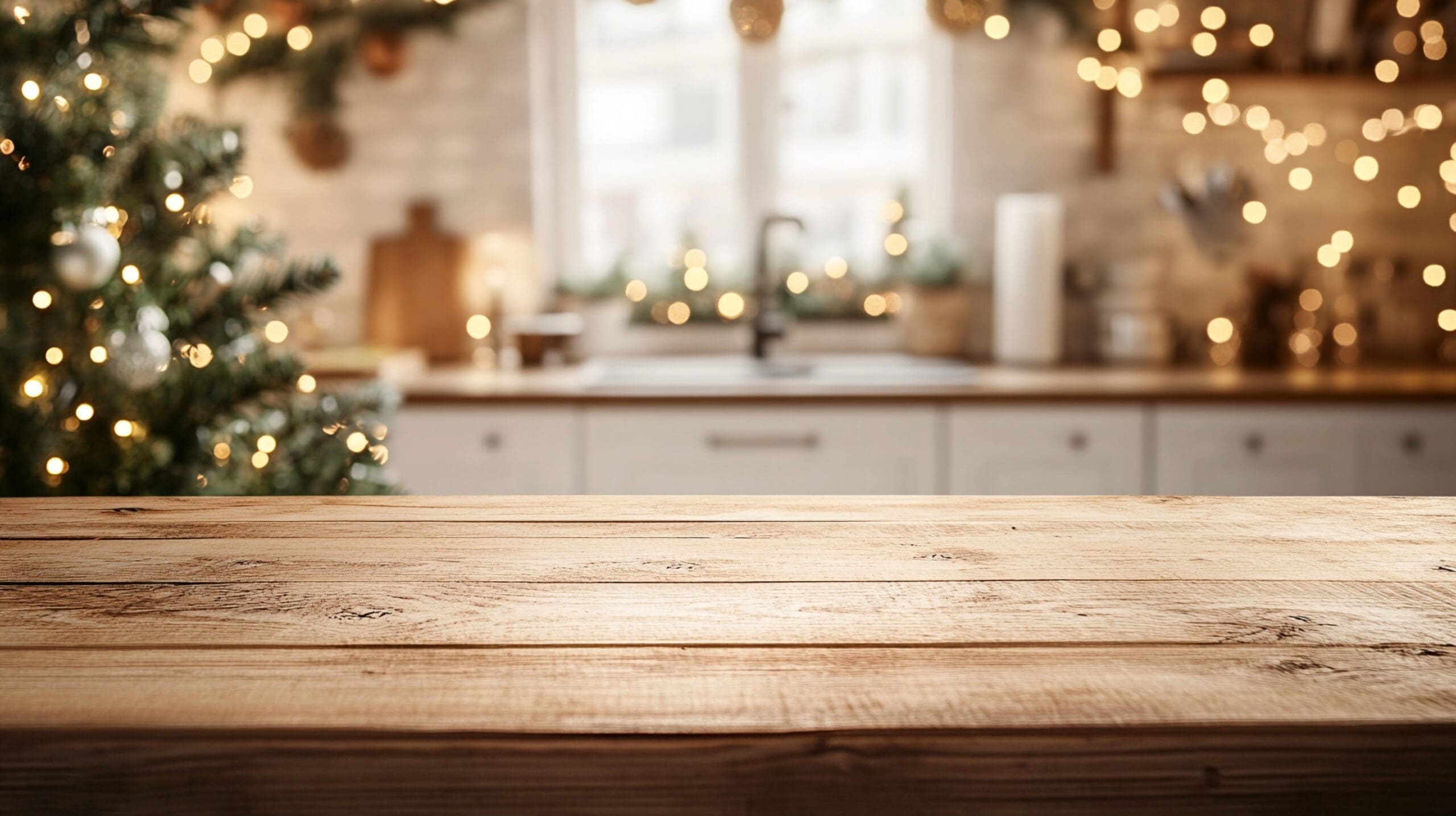 Festive kitchen background with wooden table in foreground, Christmas tree and twinkling lights creating warm, cozy atmosphere for holiday cooking and gatherings.