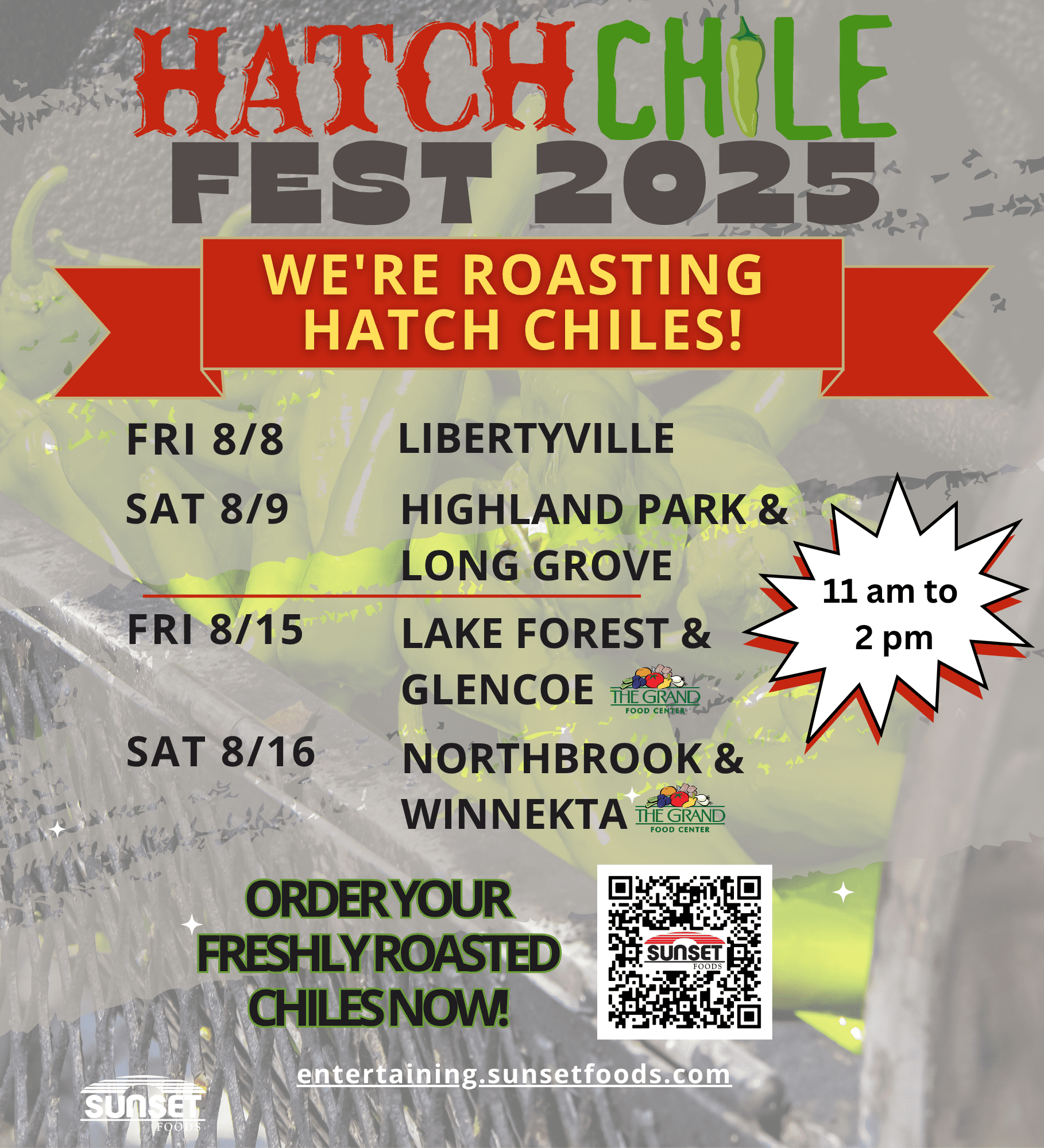 A graphic detailing the 2025 Hatch Chile roasting schedule for all Sunset Foods and Grand Food Center locations.